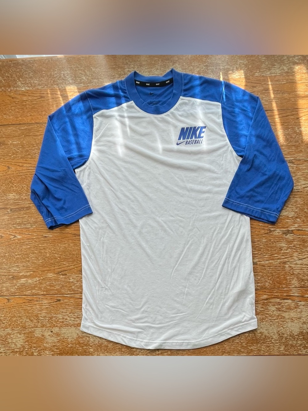 NWNT Nike Shirt White Blue Baseball Dri-Fit 3/4 Sleeve Size Small Mens